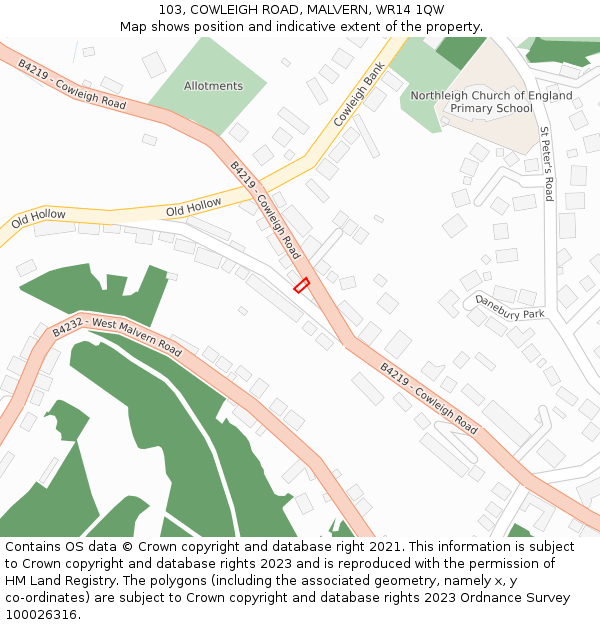 103, COWLEIGH ROAD, MALVERN, WR14 1QW: Location map and indicative extent of plot