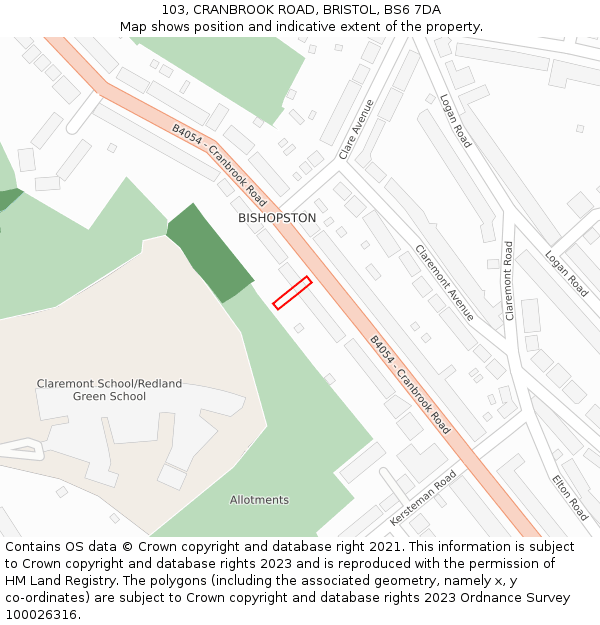 103, CRANBROOK ROAD, BRISTOL, BS6 7DA: Location map and indicative extent of plot