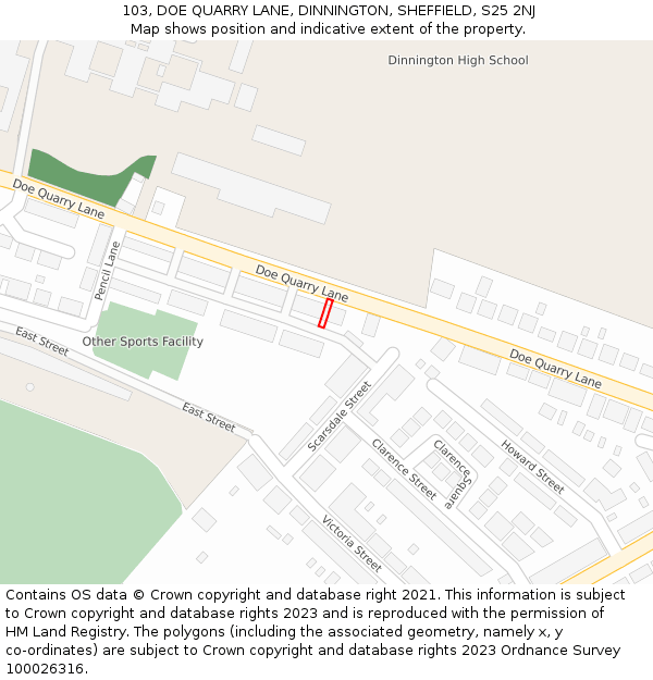 103, DOE QUARRY LANE, DINNINGTON, SHEFFIELD, S25 2NJ: Location map and indicative extent of plot