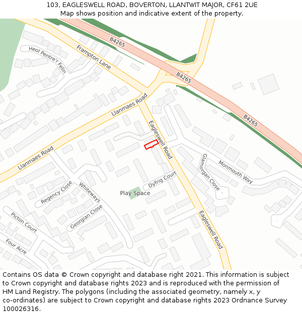 103, EAGLESWELL ROAD, BOVERTON, LLANTWIT MAJOR, CF61 2UE: Location map and indicative extent of plot