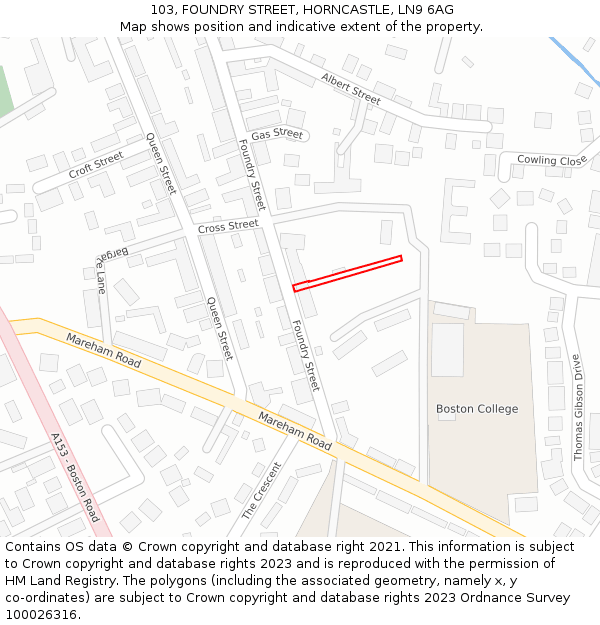 103, FOUNDRY STREET, HORNCASTLE, LN9 6AG: Location map and indicative extent of plot