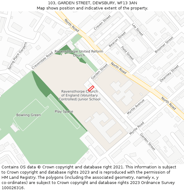103, GARDEN STREET, DEWSBURY, WF13 3AN: Location map and indicative extent of plot