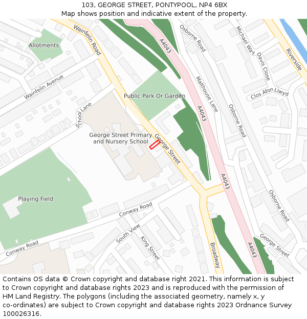 103, GEORGE STREET, PONTYPOOL, NP4 6BX: Location map and indicative extent of plot