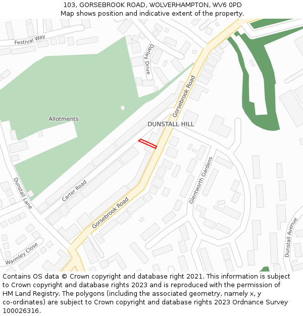 103, GORSEBROOK ROAD, WOLVERHAMPTON, WV6 0PD: Location map and indicative extent of plot