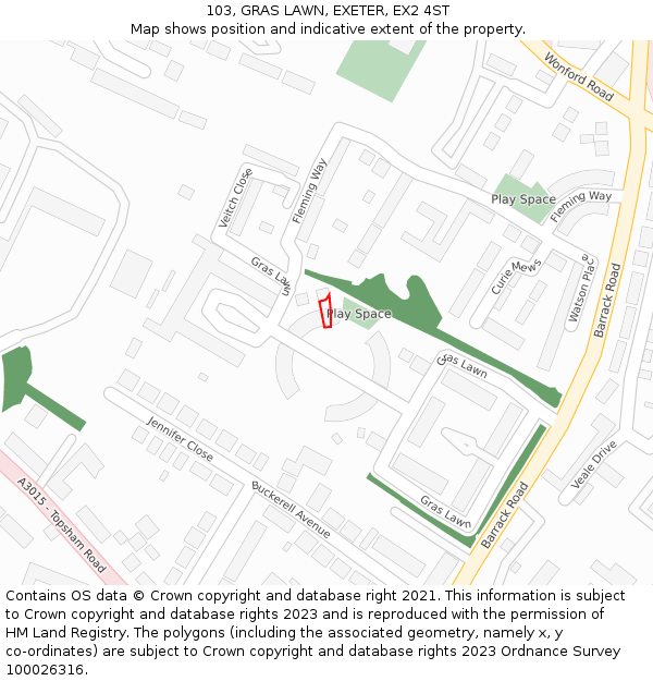 103, GRAS LAWN, EXETER, EX2 4ST: Location map and indicative extent of plot