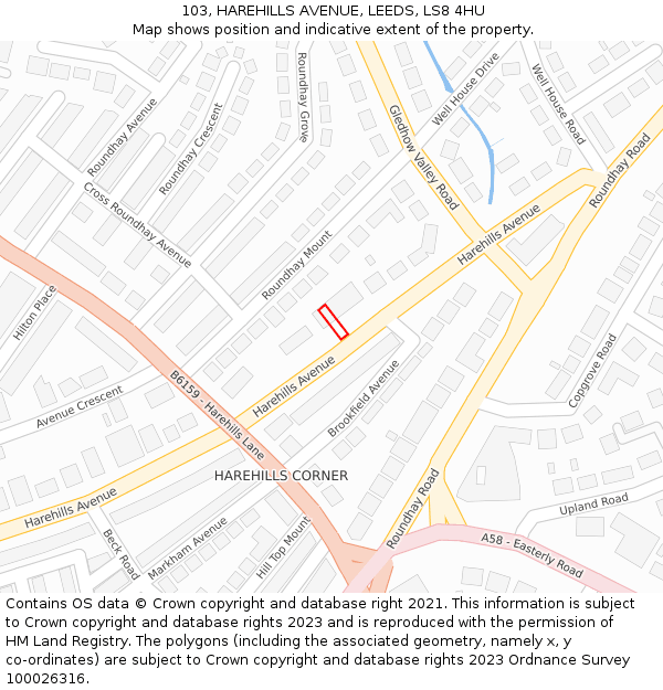 103, HAREHILLS AVENUE, LEEDS, LS8 4HU: Location map and indicative extent of plot