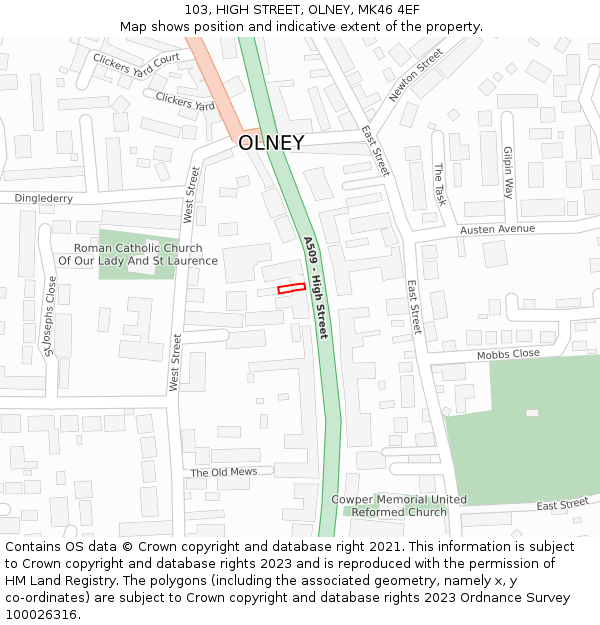 103, HIGH STREET, OLNEY, MK46 4EF: Location map and indicative extent of plot