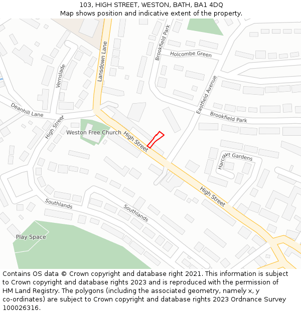 103, HIGH STREET, WESTON, BATH, BA1 4DQ: Location map and indicative extent of plot