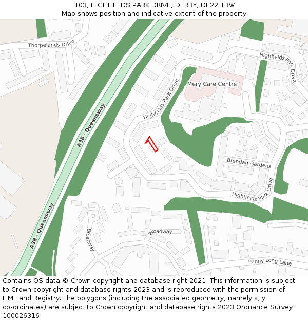 103, HIGHFIELDS PARK DRIVE, DERBY, DE22 1BW: Location map and indicative extent of plot