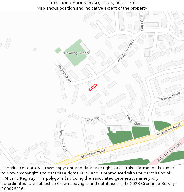103, HOP GARDEN ROAD, HOOK, RG27 9ST: Location map and indicative extent of plot