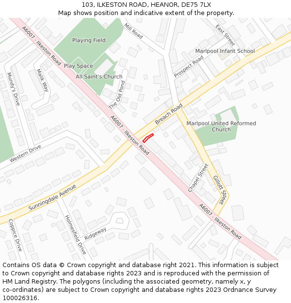 103, ILKESTON ROAD, HEANOR, DE75 7LX: Location map and indicative extent of plot