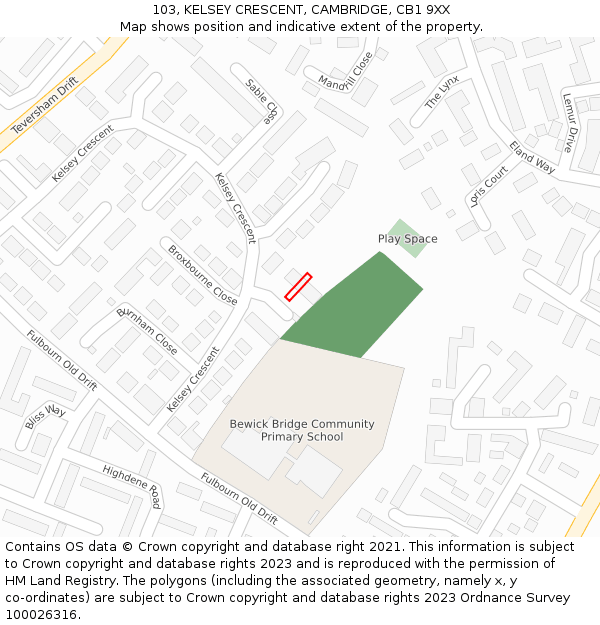 103, KELSEY CRESCENT, CAMBRIDGE, CB1 9XX: Location map and indicative extent of plot