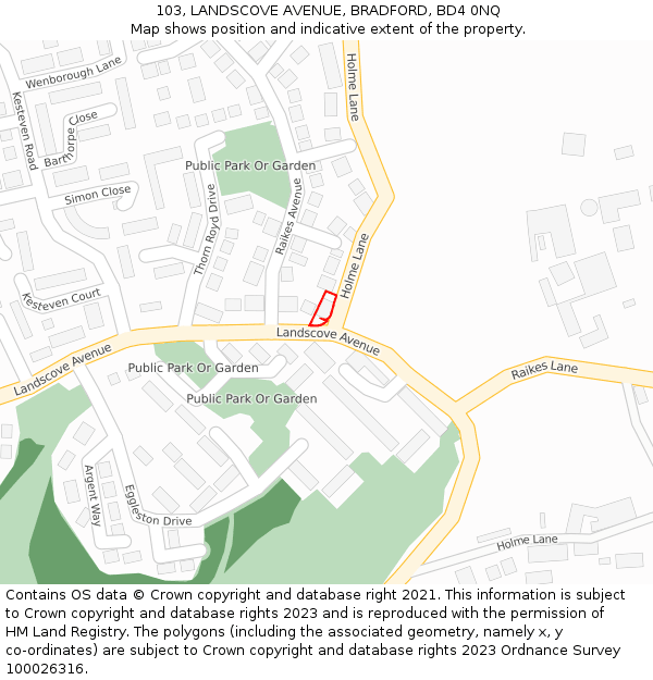 103, LANDSCOVE AVENUE, BRADFORD, BD4 0NQ: Location map and indicative extent of plot