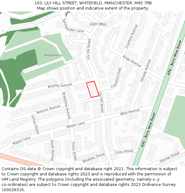 103, LILY HILL STREET, WHITEFIELD, MANCHESTER, M45 7RB: Location map and indicative extent of plot