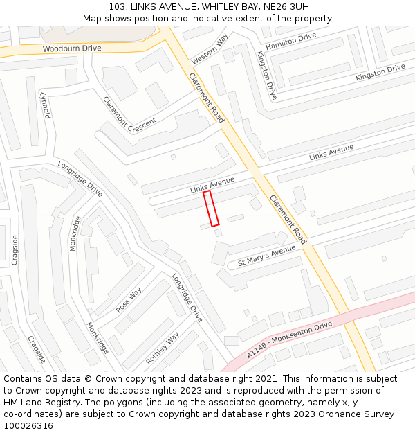103, LINKS AVENUE, WHITLEY BAY, NE26 3UH: Location map and indicative extent of plot