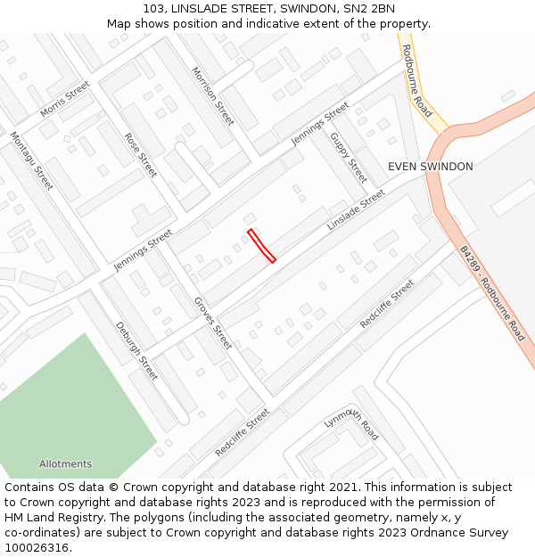 103, LINSLADE STREET, SWINDON, SN2 2BN: Location map and indicative extent of plot