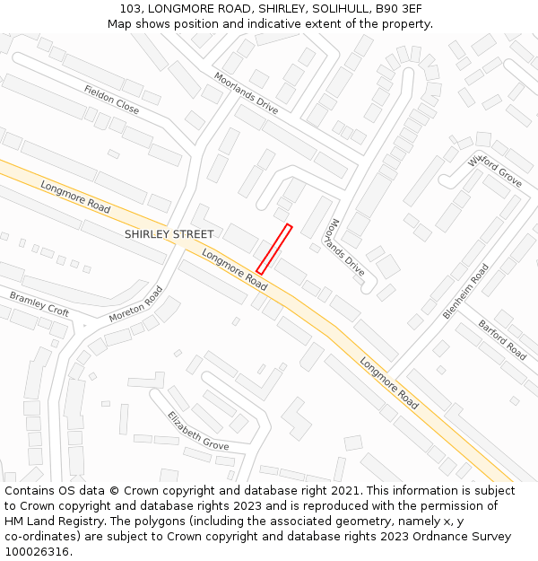 103, LONGMORE ROAD, SHIRLEY, SOLIHULL, B90 3EF: Location map and indicative extent of plot