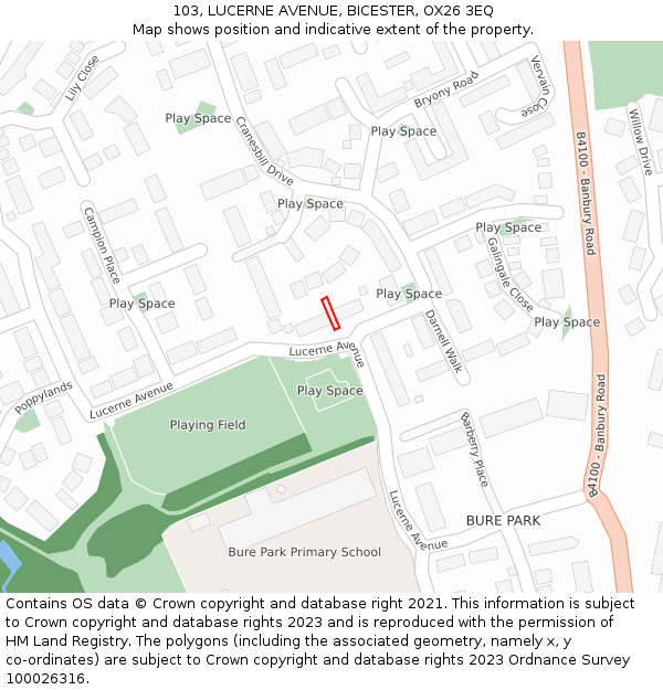 103, LUCERNE AVENUE, BICESTER, OX26 3EQ: Location map and indicative extent of plot