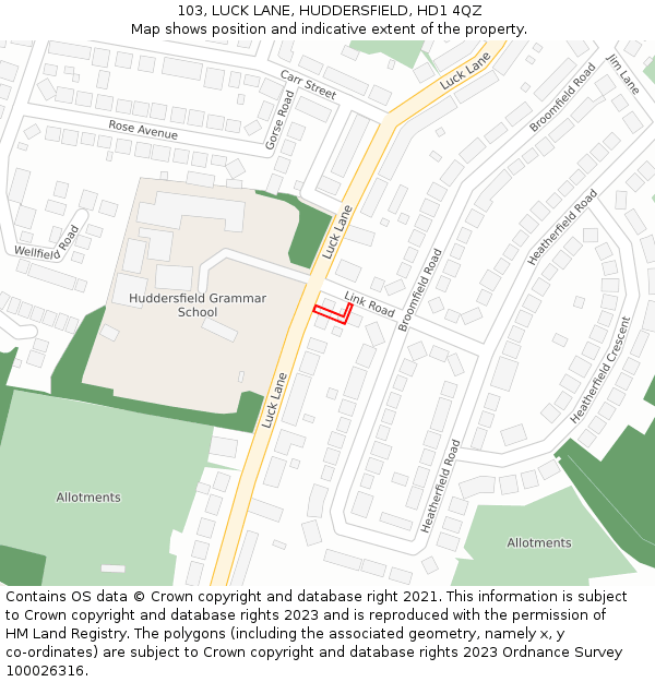 103, LUCK LANE, HUDDERSFIELD, HD1 4QZ: Location map and indicative extent of plot