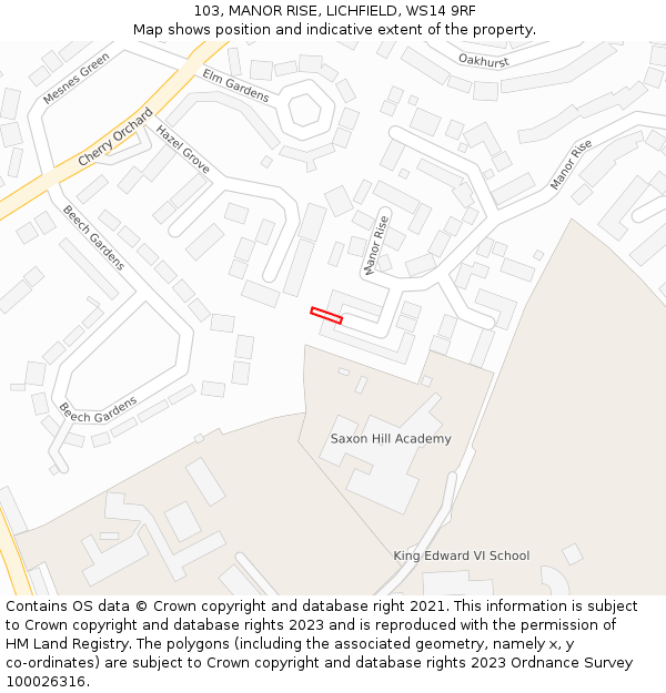 103, MANOR RISE, LICHFIELD, WS14 9RF: Location map and indicative extent of plot