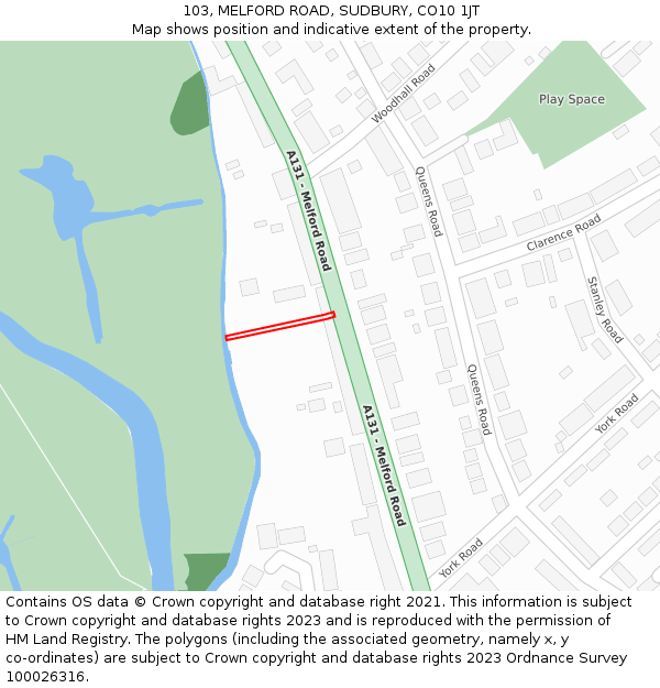 103, MELFORD ROAD, SUDBURY, CO10 1JT: Location map and indicative extent of plot