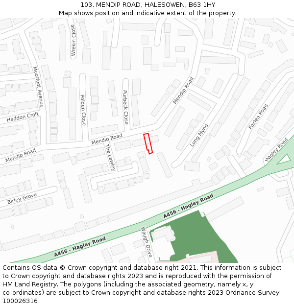 103, MENDIP ROAD, HALESOWEN, B63 1HY: Location map and indicative extent of plot