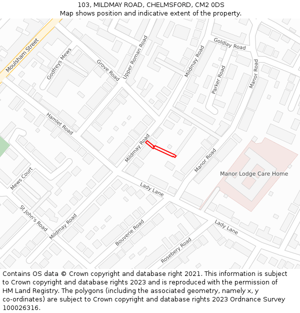 103, MILDMAY ROAD, CHELMSFORD, CM2 0DS: Location map and indicative extent of plot
