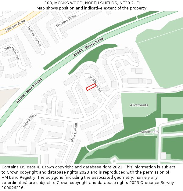 103, MONKS WOOD, NORTH SHIELDS, NE30 2UD: Location map and indicative extent of plot