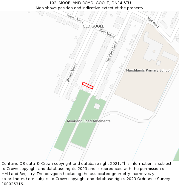 103, MOORLAND ROAD, GOOLE, DN14 5TU: Location map and indicative extent of plot