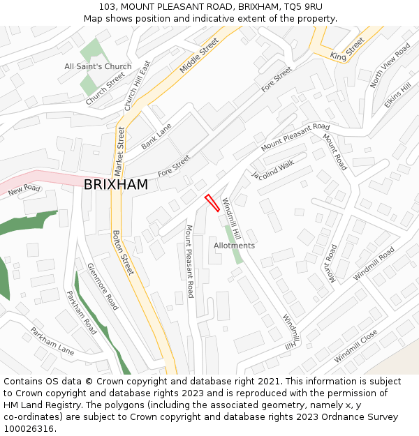 103, MOUNT PLEASANT ROAD, BRIXHAM, TQ5 9RU: Location map and indicative extent of plot