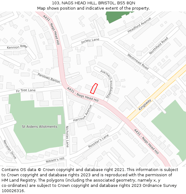 103, NAGS HEAD HILL, BRISTOL, BS5 8QN: Location map and indicative extent of plot