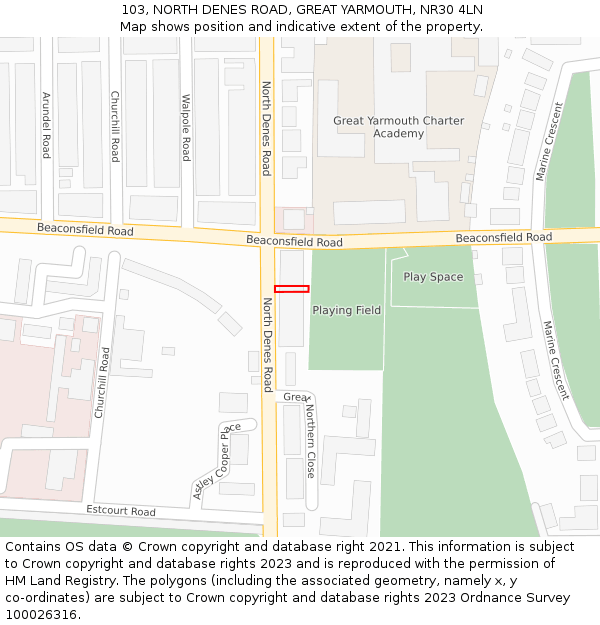 103, NORTH DENES ROAD, GREAT YARMOUTH, NR30 4LN: Location map and indicative extent of plot
