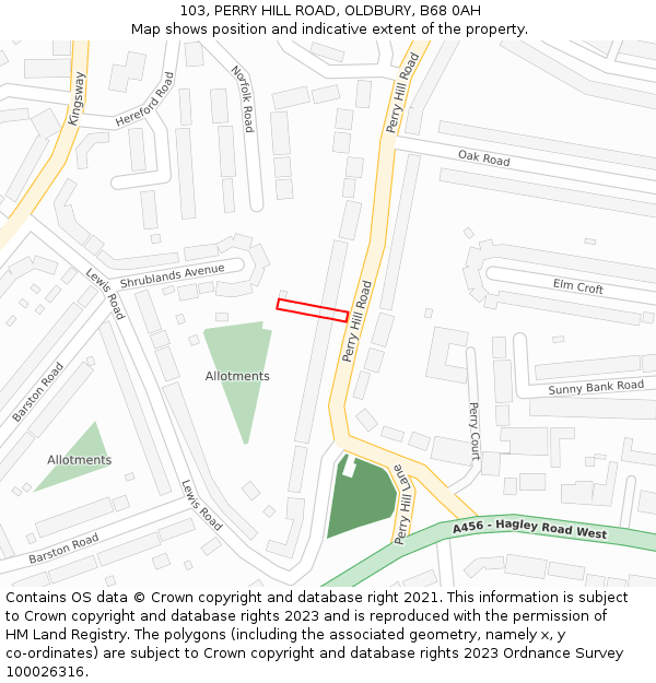 103, PERRY HILL ROAD, OLDBURY, B68 0AH: Location map and indicative extent of plot
