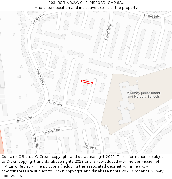 103, ROBIN WAY, CHELMSFORD, CM2 8AU: Location map and indicative extent of plot