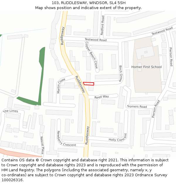 103, RUDDLESWAY, WINDSOR, SL4 5SH: Location map and indicative extent of plot