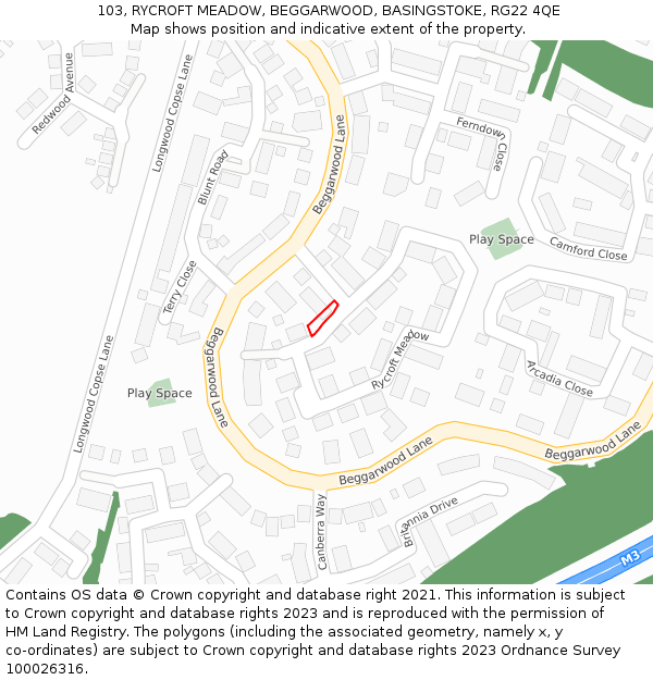 103, RYCROFT MEADOW, BEGGARWOOD, BASINGSTOKE, RG22 4QE: Location map and indicative extent of plot