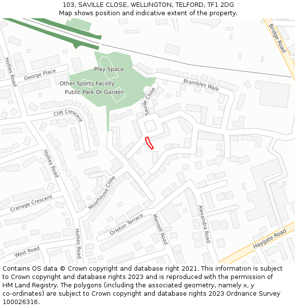 103, SAVILLE CLOSE, WELLINGTON, TELFORD, TF1 2DG: Location map and indicative extent of plot