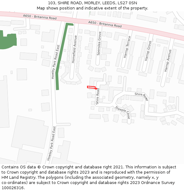 103, SHIRE ROAD, MORLEY, LEEDS, LS27 0SN: Location map and indicative extent of plot