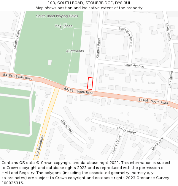 103, SOUTH ROAD, STOURBRIDGE, DY8 3UL: Location map and indicative extent of plot