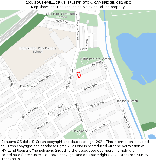 103, SOUTHWELL DRIVE, TRUMPINGTON, CAMBRIDGE, CB2 9DQ: Location map and indicative extent of plot
