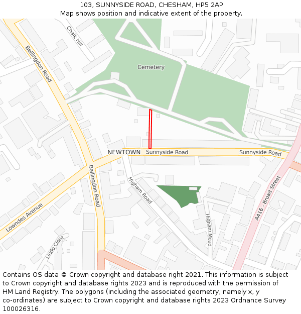 103, SUNNYSIDE ROAD, CHESHAM, HP5 2AP: Location map and indicative extent of plot