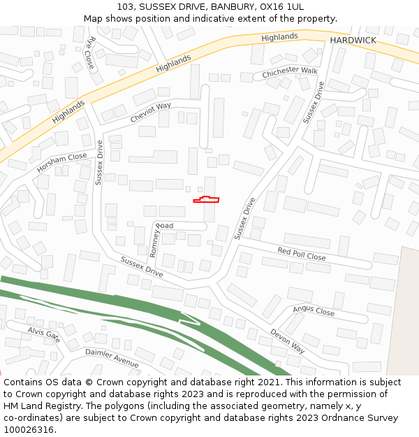 103, SUSSEX DRIVE, BANBURY, OX16 1UL: Location map and indicative extent of plot