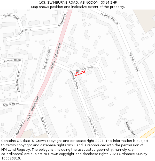 103, SWINBURNE ROAD, ABINGDON, OX14 2HF: Location map and indicative extent of plot