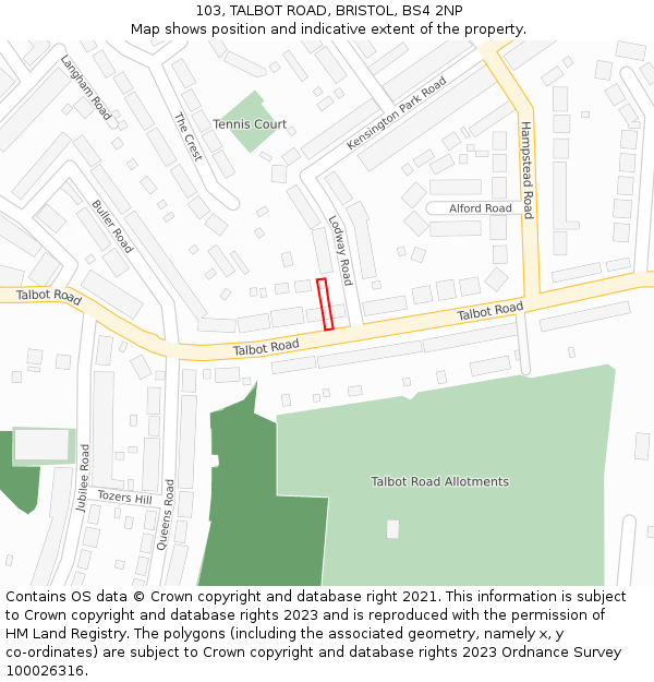103, TALBOT ROAD, BRISTOL, BS4 2NP: Location map and indicative extent of plot