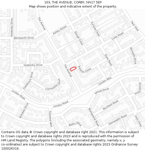 103, THE AVENUE, CORBY, NN17 5EP: Location map and indicative extent of plot