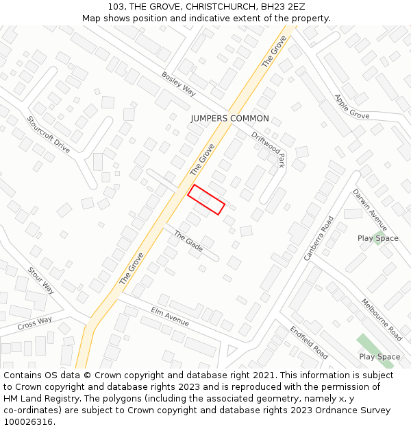 103, THE GROVE, CHRISTCHURCH, BH23 2EZ: Location map and indicative extent of plot