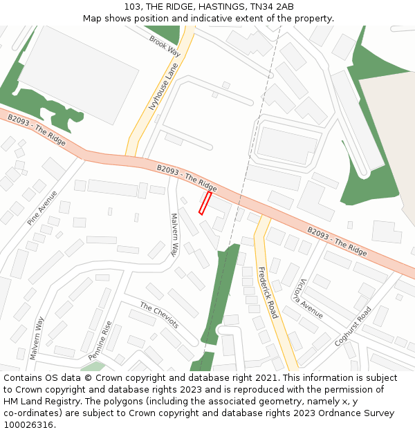 103, THE RIDGE, HASTINGS, TN34 2AB: Location map and indicative extent of plot