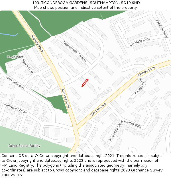 103, TICONDEROGA GARDENS, SOUTHAMPTON, SO19 9HD: Location map and indicative extent of plot