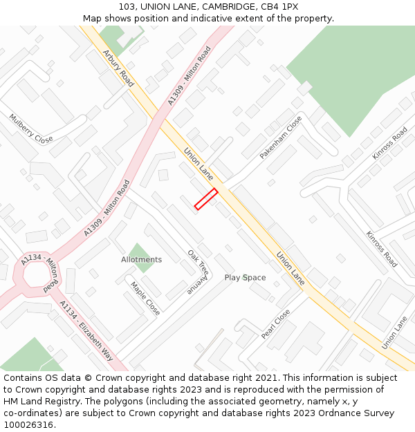 103, UNION LANE, CAMBRIDGE, CB4 1PX: Location map and indicative extent of plot