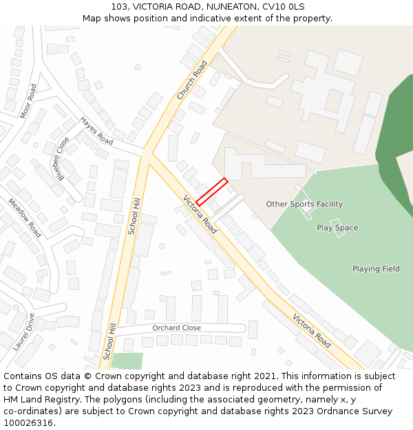 103, VICTORIA ROAD, NUNEATON, CV10 0LS: Location map and indicative extent of plot
